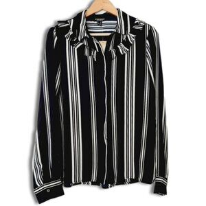 STREETWEAR SOCIETY Ruffle Collar Button Down Striped Shirt Top B&W Sz L